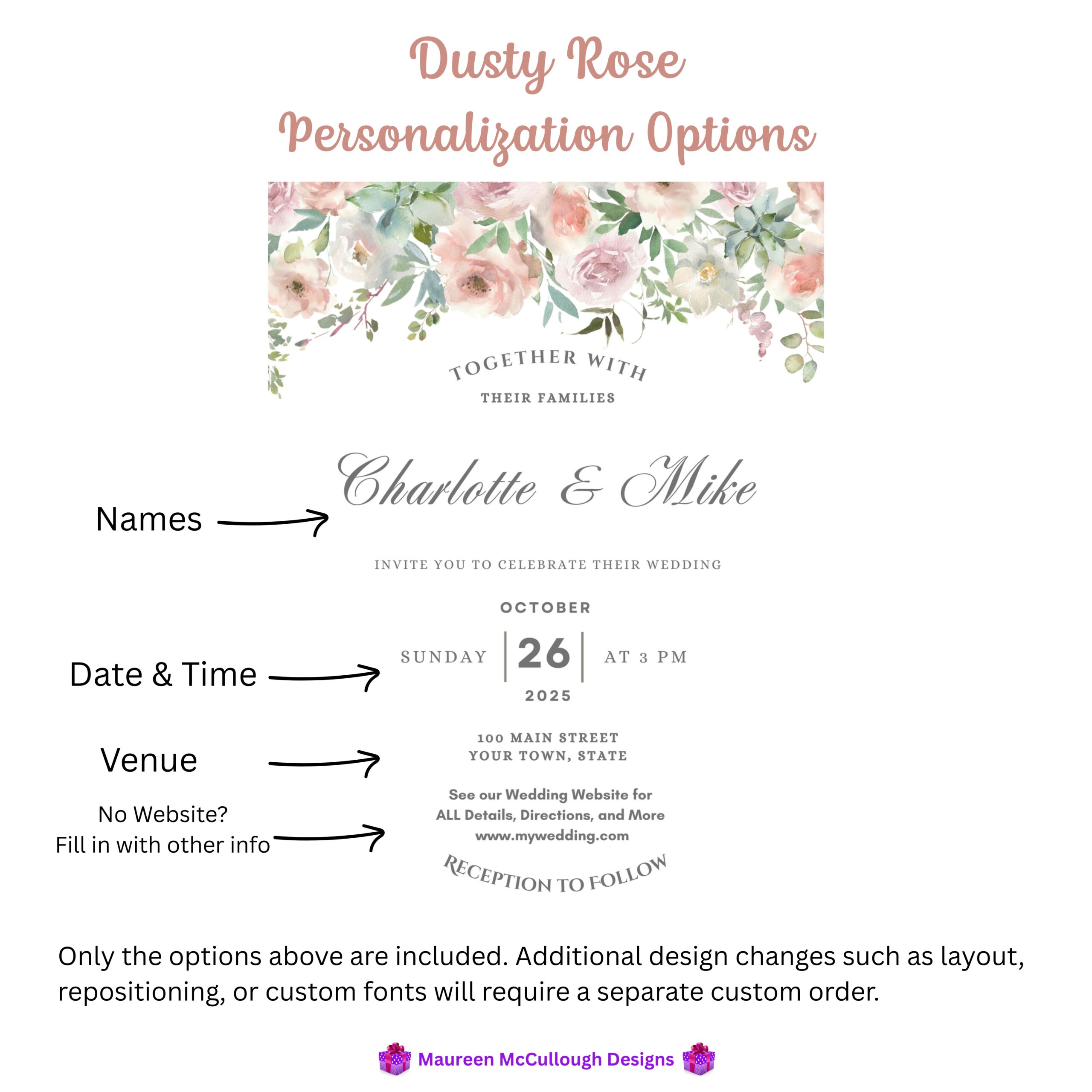 Dusty Rose Floral Wedding Invitation Suite – Save the Date, Invitation & RSVP – Made to Order