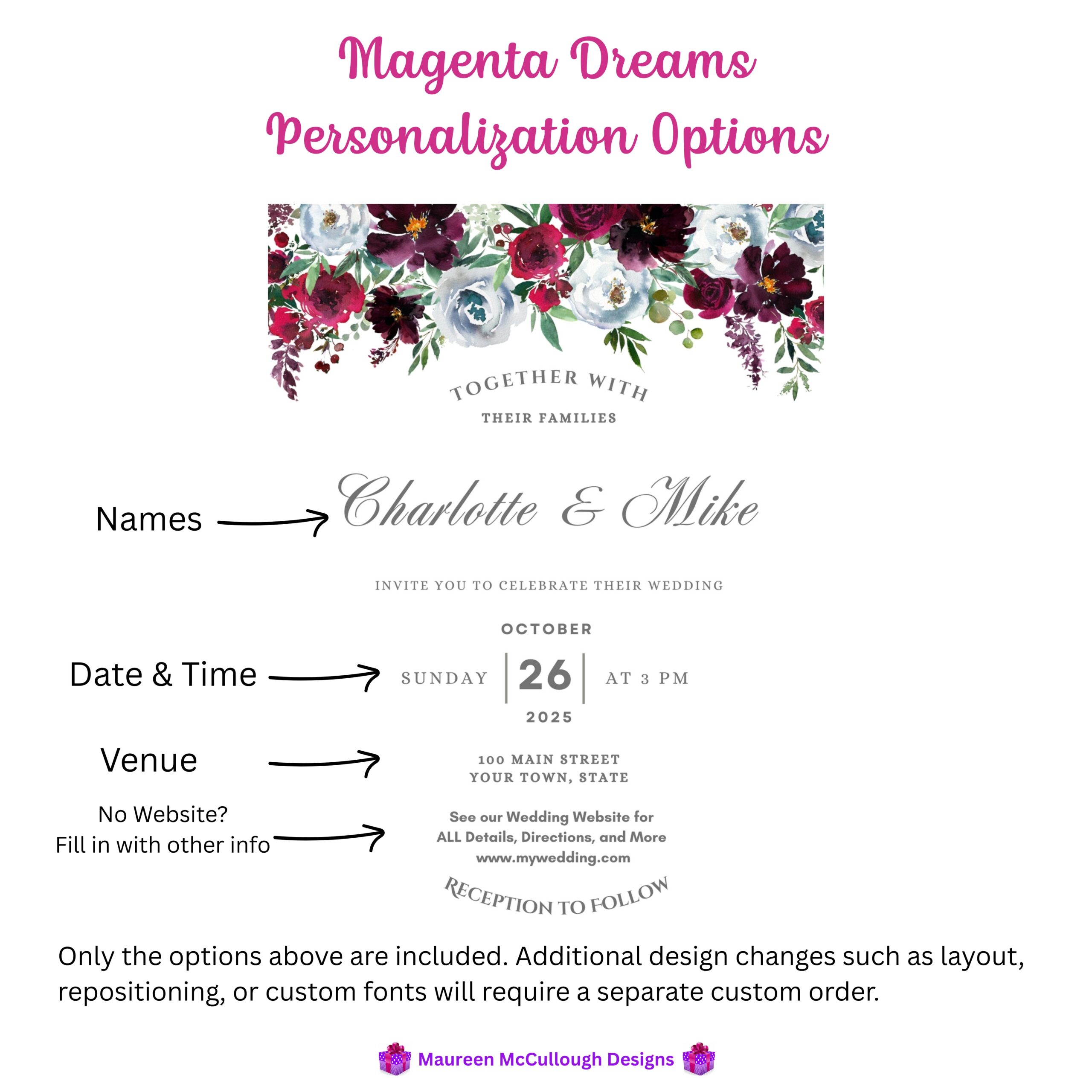 Magenta Dreams Floral Wedding Invitation Suite – Save the Date, Invitation & RSVP – Made to Order