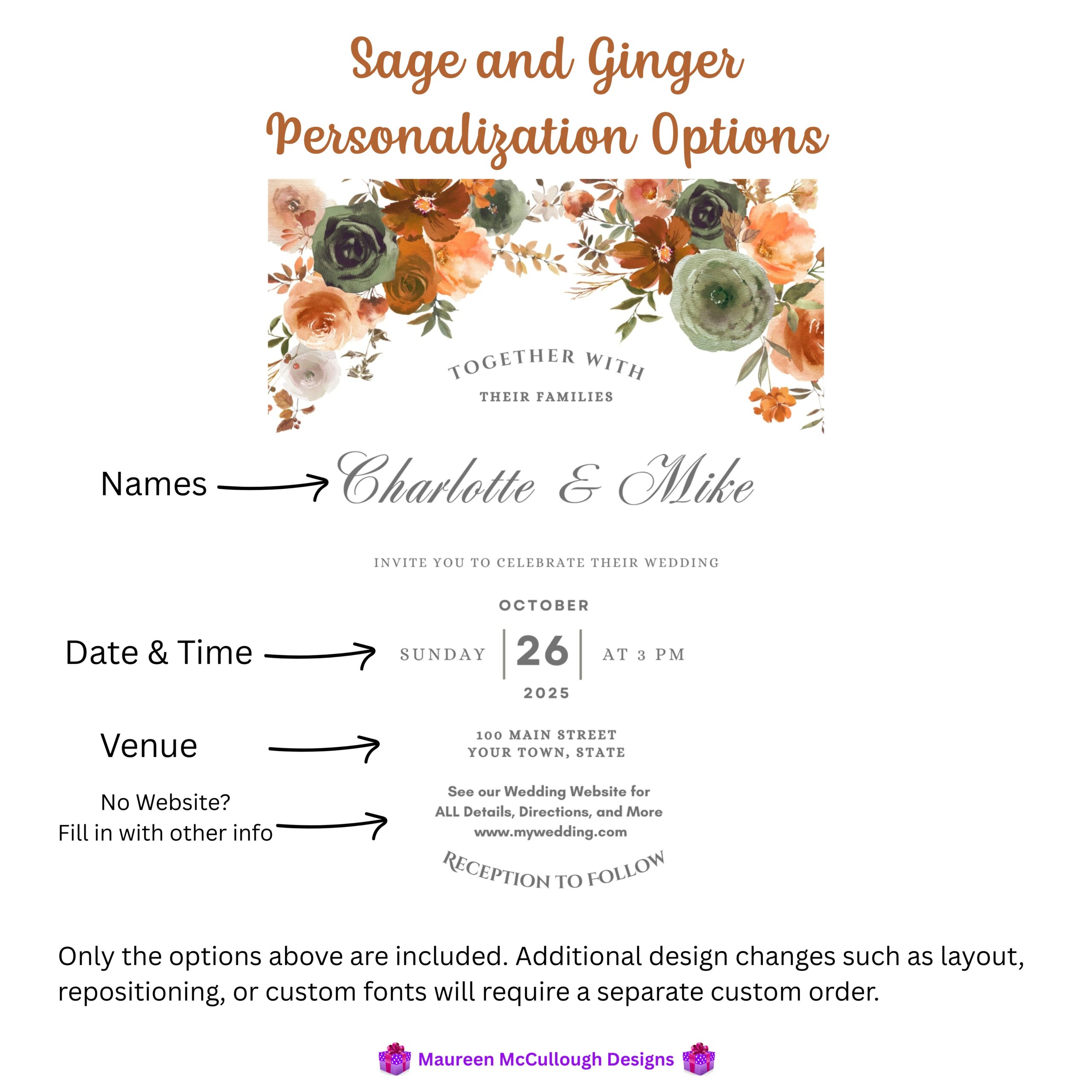 Sage and Ginger Floral Wedding Invitation Suite – Save the Date, Invitation & RSVP – Made to Order
