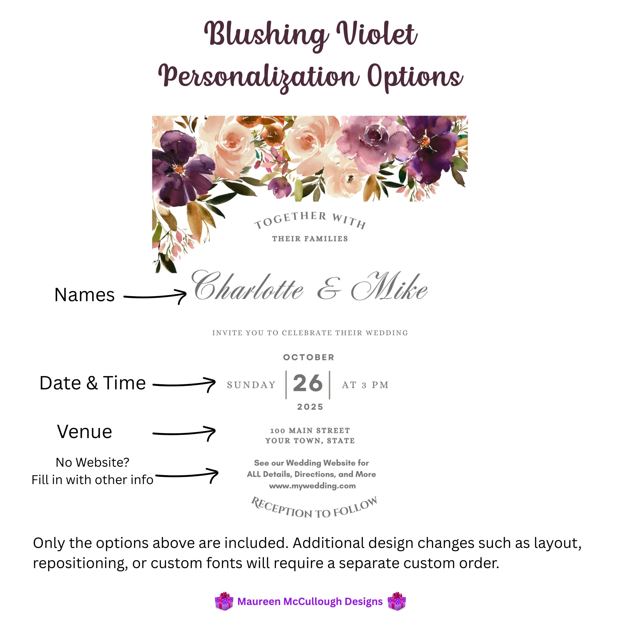 Blushing Violet Floral Wedding Invitation Suite – Save the Date, Invitation & RSVP – Made to Order
