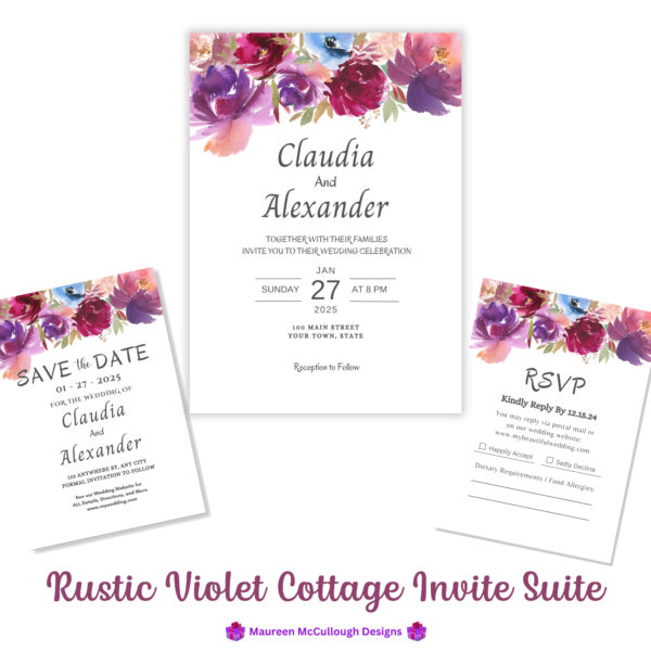 Wedding Invitation Suite RSVP Save the Date Bespoke Watercolor Made to Order | Rustic Violet Cottage