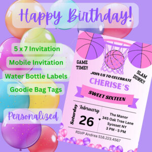 Girls Sweet Sixteen Basketball Birthday Party Invitation Bundle – Digital Printable