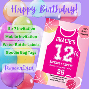 Girls Lets Shoot Hoops Basketball Birthday Party Invitation Bundle – Digital Printable