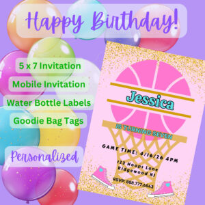 Girls Its Game Time Basketball Birthday Party Invitation Bundle – Digital Printable