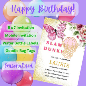 Girls Glam Slam Dunk Basketball Birthday Party Invitation Bundle – Digital Printable