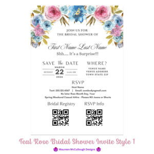 Teal Rose Bridal Shower Invitation Bespoke Watercolor Made to Order
