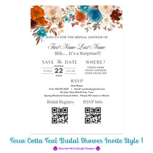 Terra Cotta Teal Bridal Shower Invitation Bespoke Watercolor Made to Order