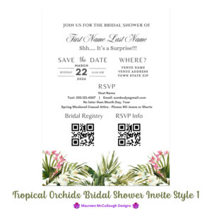 Tropical Orchids Bridal Shower Invitation Bespoke Watercolor Made to Order