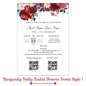 Burgundy Holly Bridal Shower Invitation Bespoke Watercolor Made to Order