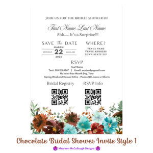 Chocolate Bridal Shower Invitation Bespoke Watercolor Made to Order