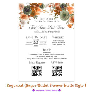 Sage and Ginger Bridal Shower Invitation Bespoke Watercolor Made to Order