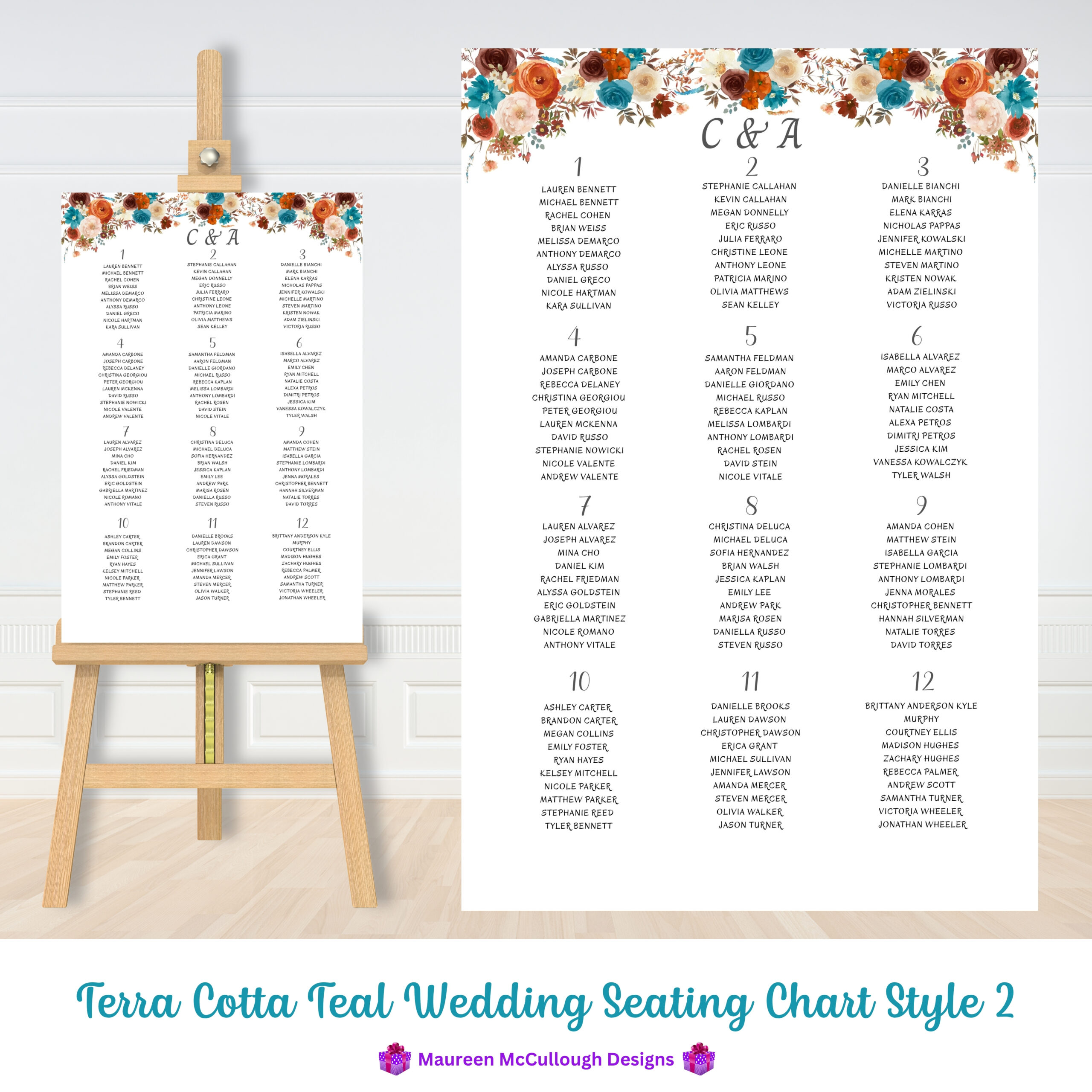 Terra Cotta Teal Wedding Seating Chart Bespoke Watercolor Made to Order