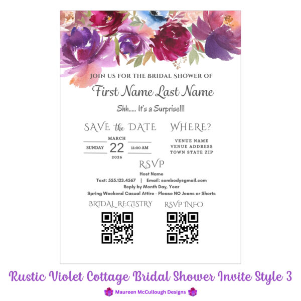 Rustic Violet Cottage Bridal Shower Invitation Bespoke Watercolor Made to Order